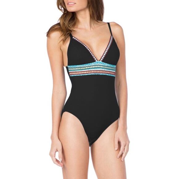 La Blanca NWT One Piece Boho Swimsuit Black & Blue Stitch Size 4 - Picture 2 of 11